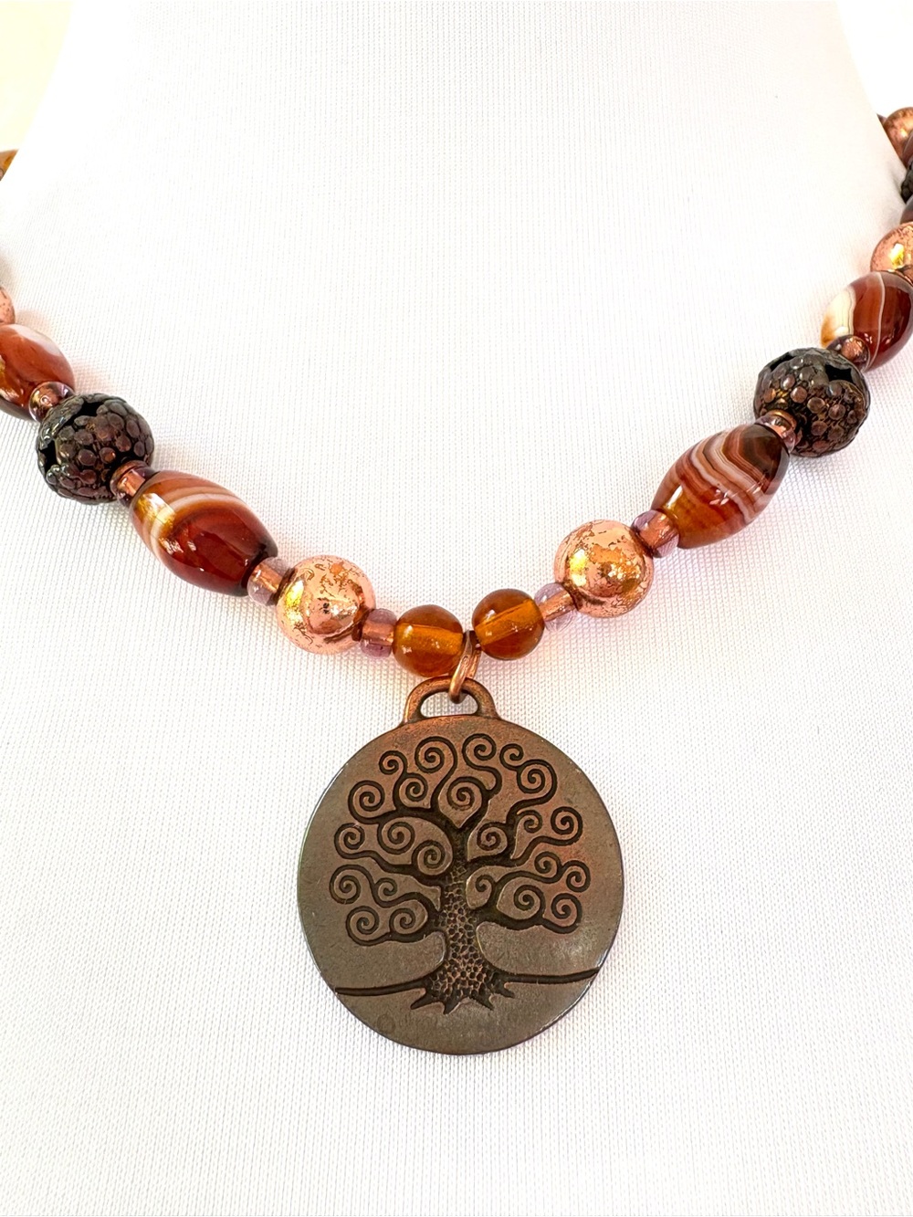 Tree of Life Pendant Necklace Stone and Copper Metal Beaded Artisan Made